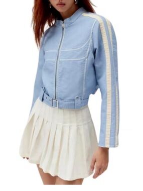 Urban Outfitters Jordan Faux Leather Fitted Racer Moto Jacket in Light Blue